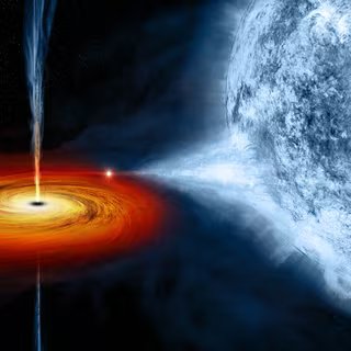 Une vue d'artiste de Cygnus X-1 et de son étoile compagne, une géante bleue. © Nasa/CXC/M.Weiss